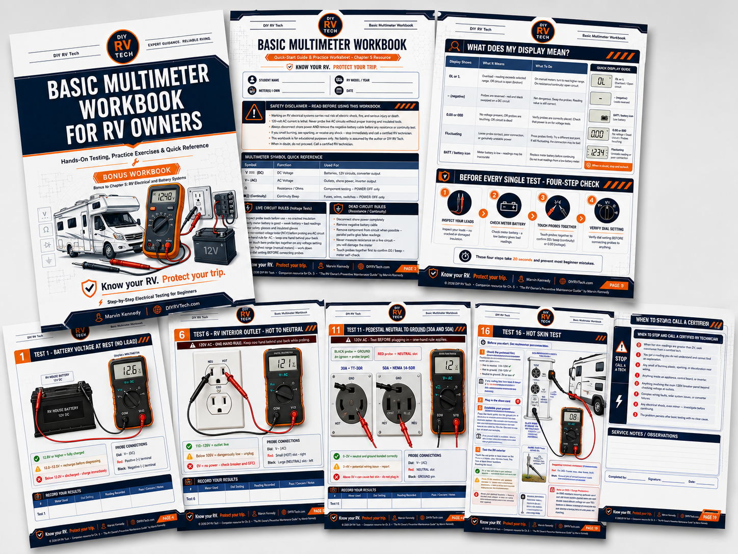 Fanned-out preview of the Basic Multimeter Workbook for RV Owners showing the cover and seven different interior workbook pages