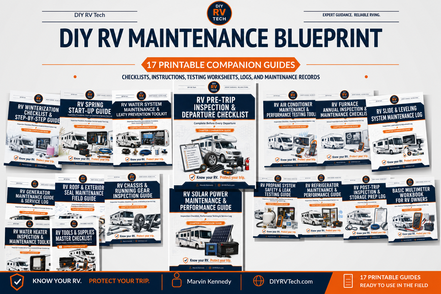 DIY RV Maintenance Blueprint mockup showing the 17 printable companion guides included in the bundle