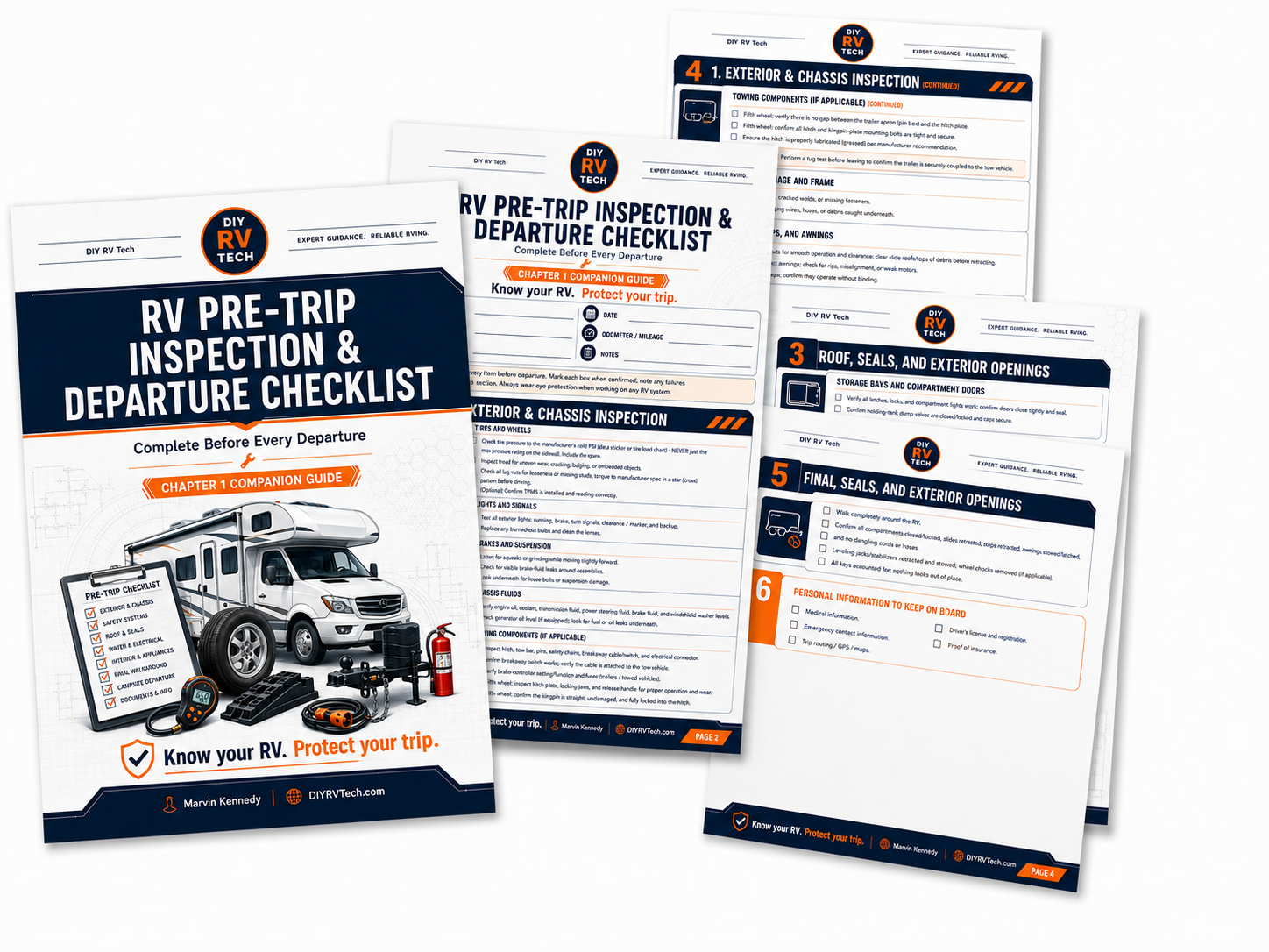Fanned-out sample pages from the RV Pre-Trip Inspection and Departure Checklist so customers can see what an individual guide looks like