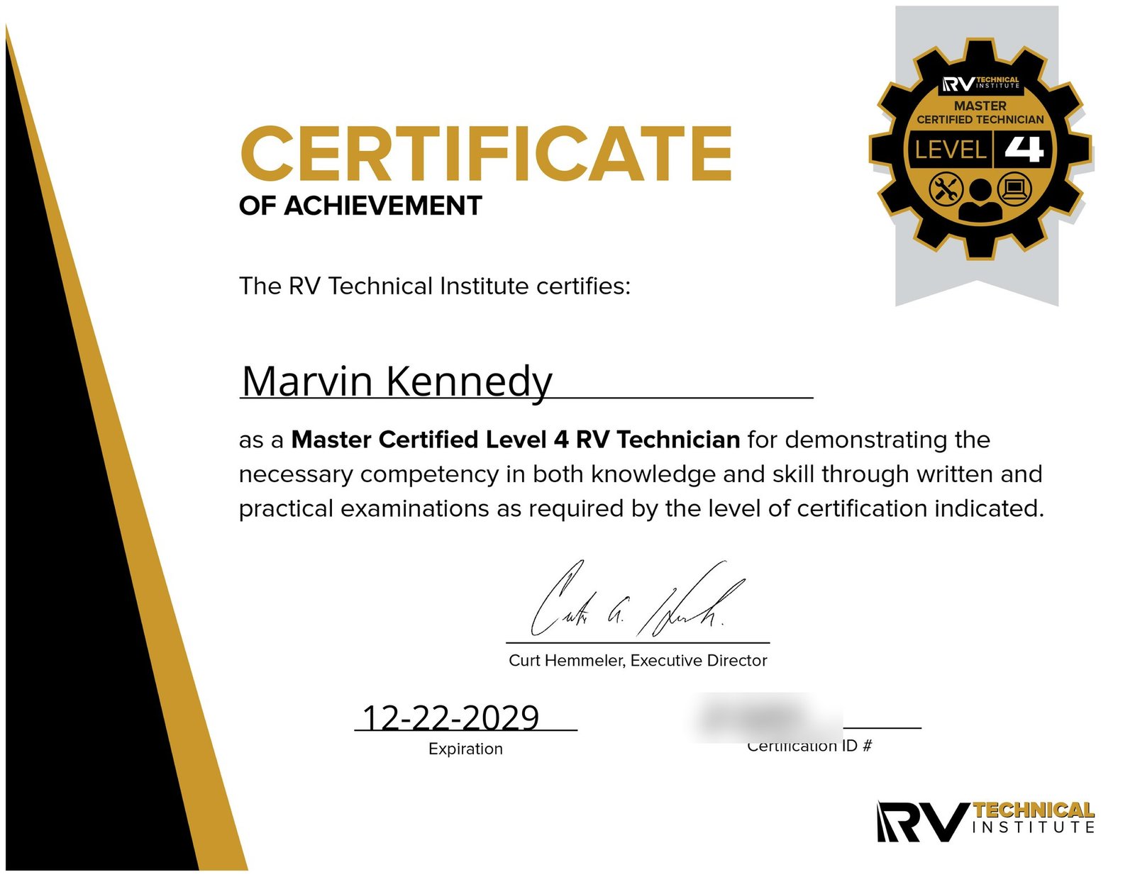 RVTI Level 4 Master Certified RV Technician Certificate — Marvin Kennedy